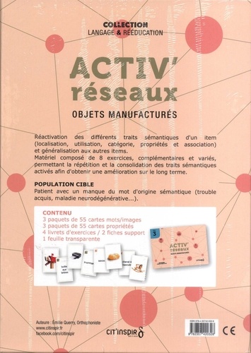 Activ'réseaux Objets manufacturés. 6 paquets de 55 cartes, 4 livrets d'exercices, 2 fiches supports, 1 feuille transparente