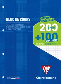 Bloc de cours encollé grand côté A4 - 21x29,7 cm - 200 pages détachables + 100 gratuites perforées 4 trous grand carreaux 90g