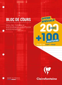 Bloc de cours encollé grand côté A4 - 21x29,7cm - 200 pages détachables + 100 gratuites perforées 4 trous ligné + marge 90g