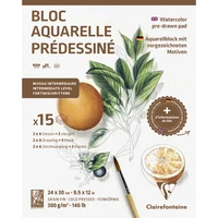 Bloc papier aquarelle prédéssiné Botanique - 24x30 cm - 15 feuilles grain fin 300g