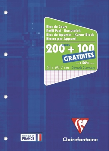 CLAIREFONTAINE - RDC BLOC DE COURS ENCOLLÉ GRAND COTÉ 21X29,7 CM 200 PAGES + 100 GRATUITES SÉYÈS