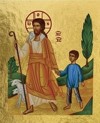 Clémences Les - Jésus le Bon Berger conduisant un petit garçon - Icône dorée 9,8x8 cm -  577.14.