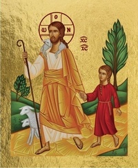 Clémences Les - Jésus le Bon Berger conduisant une petite fille - Icône dorée 9,8x8 cm -  777.14.