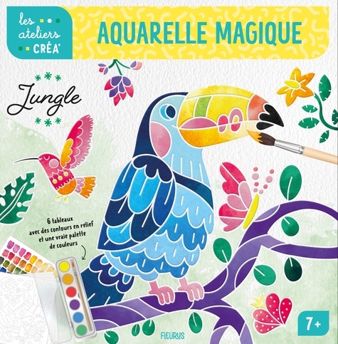 Aquarelle magique jungle. 6 tableaux avec des contours en relief et une vraie palette de couleurs