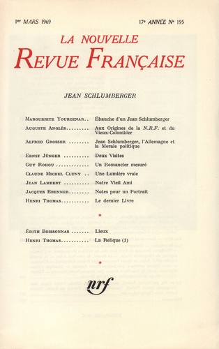 La Nouvelle Revue Française N° 195, mars 1969 Jean Schlumberger