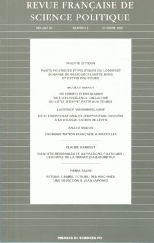  Collectif - Revue Francaise De Science Politique Volume 51 N° 5 Octobre 2001.