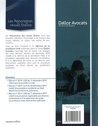 Dalloz Avocats, exercer et entreprendre. Réforme de la procédure civile. Présentation des décrets de décembre 2019