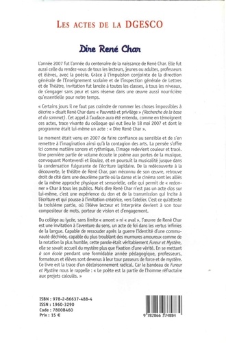 Dire René Char. Actes du colloque du 10 mai 2007