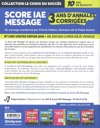 Score IAE Message. 3 ans d'annales corrigées