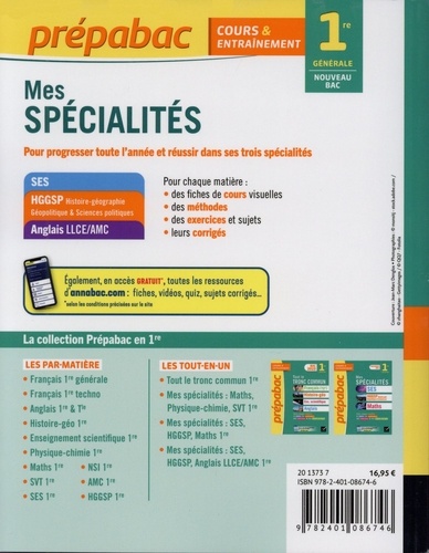 Mes spécialités SES, HGGSP, Anglais LLCE/ AMC 1re générale  Edition 2023