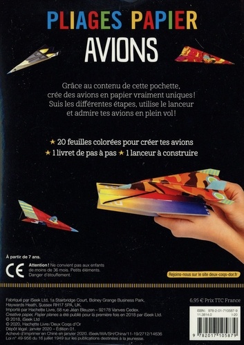 Pliages papier Avions. Avec 20 feuilles, 1 livret et 1 lanceur à construire