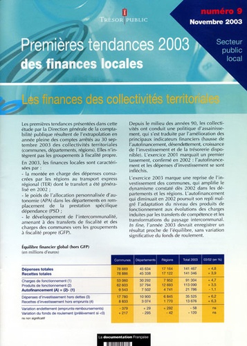  DGCP - Premières tendances 2003 des finances locales. - Les finances des collectivités territoriales N9 novembre 2003 Secteur public local.