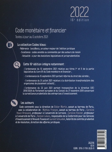 Code monétaire et financier  Edition 2022