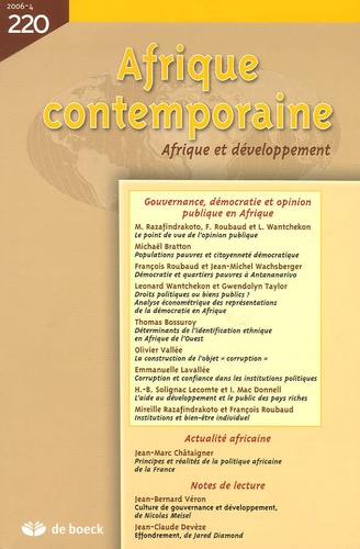 Mireille Razafindrakoto et François Roubaud - Afrique contemporaine N° 220/2006-4 : Gouvernance, démocratie et opinion publique en Afrique.