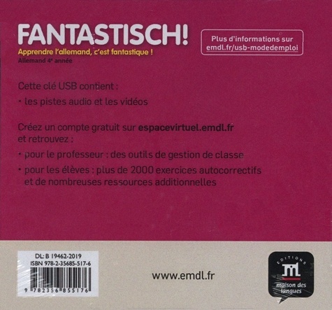 Allemand 4ème année A2/B1 Fantastisch. Pack de ressources audio et vidéo pour la classe  avec 1 Clé Usb