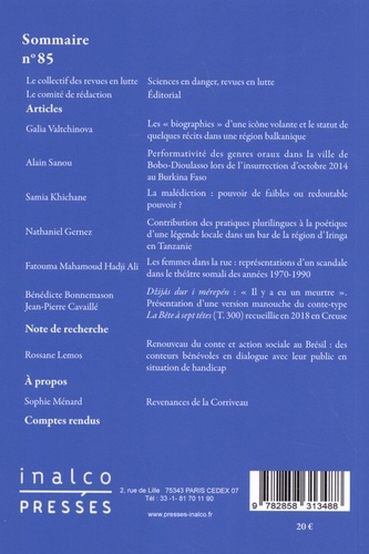 Cahiers de Littérature Orale N° 85/2019 Eclats de paroles