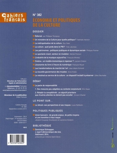 Cahiers français N° 382, Septembre-octobre 2014 Economie et politiques de la culture