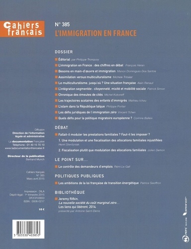 Cahiers français N° 385, mars-avril 2015 L'immigration en France