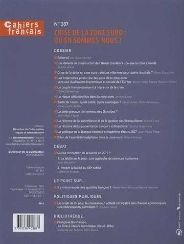 Cahiers français N° 387, Juillet-août 2015 Crise de la zone euro : où en sommes-nous ?