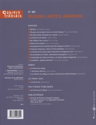 Cahiers français N° 389 Religions, laïcité(s), démocratie