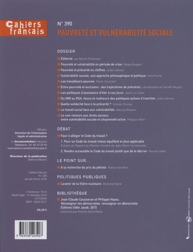 Cahiers français N° 390, janvier-février 2016 Pauvreté et vulnérabilité sociale