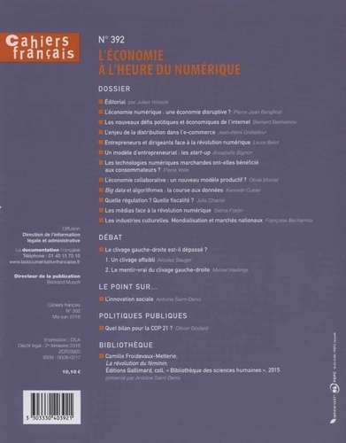 Cahiers français N° 392, Mai-juin 2016 L'économie à l'heure du numérique