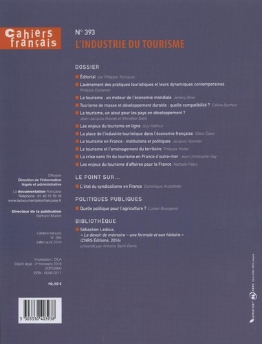 Cahiers français N° 393, Juillet-août 2016 L'industrie du tourisme