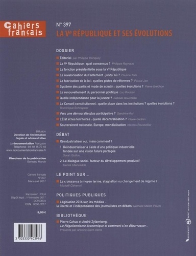 Cahiers français N° 397, mars-avril 2017 La Ve République et ses évolutions