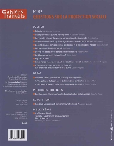 Cahiers français N° 399, juillet-août 2017 Questions sur la protection sociale