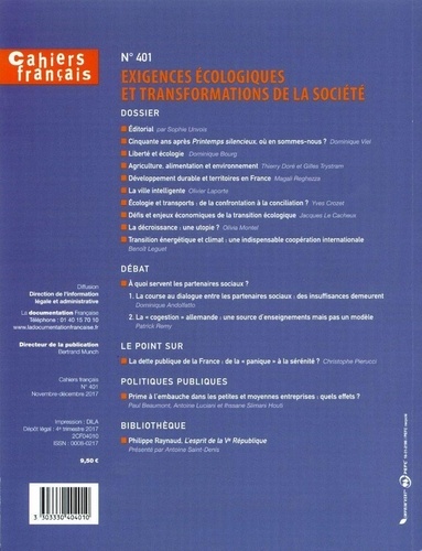 Cahiers français N° 401, novembre-décembre 2017 Exigences écologiques et transformations de la société