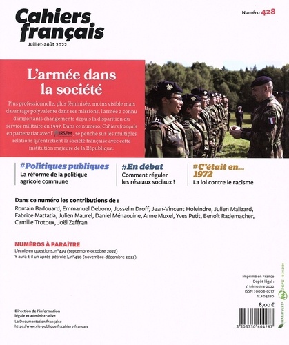 Cahiers français N° 428, juillet-août 2022 L'armée dans la société