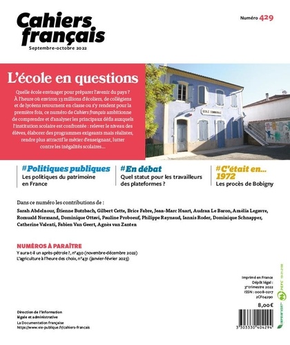 Cahiers français N° 429, septembre-octobre 2022 L'école en questions