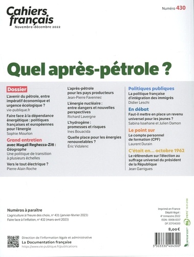 Cahiers français N° 430, novembre-décembre 2022 Quel après-pétrole ?