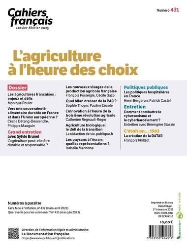 Cahiers français N° 431, janvier-février 2023 L'agriculture à l'heure des choix