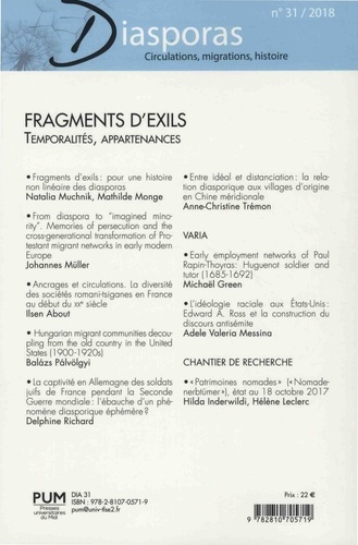 Diasporas N° 31/2018 Fragments d'exils. Temporaliltés, appartenances