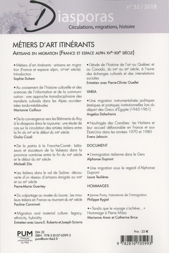 Diasporas N° 32/2018 Métiers d'art itinérants. Artisans en migration (France et espace alpin XVe-XIXe siècle)
