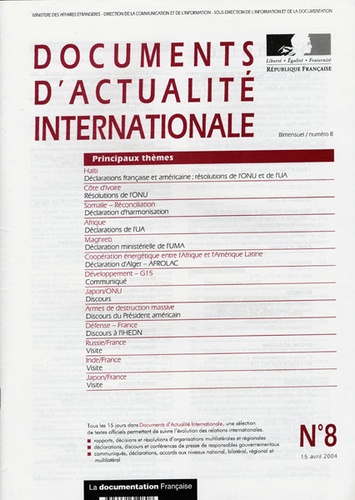  Ministère Affaires Etrangères - Documents d'actualité internationale N° 8, 15 avril 2004 : .