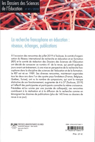 Les dossiers des Sciences de l'Education N° 41/2019 La recherche francophone en éducation : réseaux, échanges, publications
