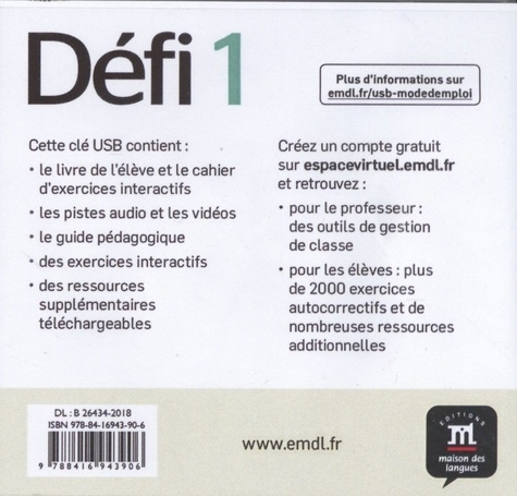 Méthode de français Défi 1 A1. Manuel numérique  avec 1 Clé Usb