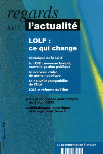 Marc Simmony et François Klein - Regards sur l'actualité N° 316, Décembre 200 : LOLF : ce qui change.