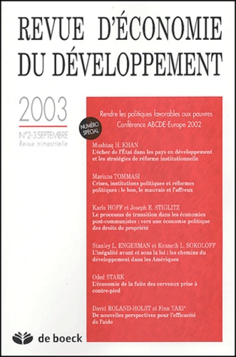 Mushtaq-H Khan et Mariano Tommasi - Revue d'économie du développement N° 2-3 septembre 200 : Rendre les politiques favorables aux pauvres - Conférence ABCDE-Europe 2002.