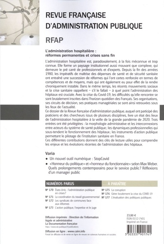 Revue française d'administration publique N° 174/2020 L'administration hospitalière : réformes permanentes et crises sans fin
