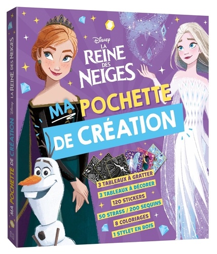 La Reine des neiges. Ma pochette de création. Avec 3 tableaux à gratter, 3 tableaux à décorer, 120 stickers, 50 strass, 200 sequins, 8 coloriages, 1 stylet en bois