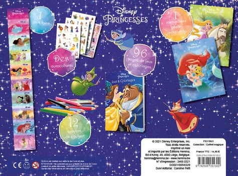Mon coffret magique Disney Princesses. Avec 1 jolie toise, des autocollants, 12 crayons de couleur, 1 poster recto verso