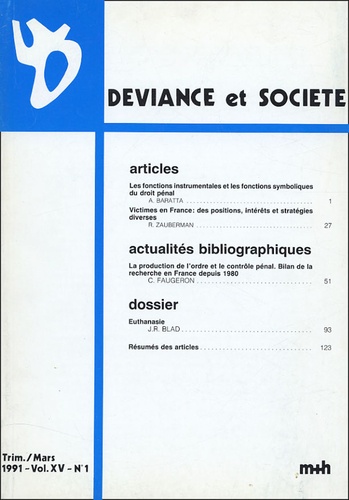 Renée Zauberman - Déviance et Société Volume 15 N° 1, Mars : .