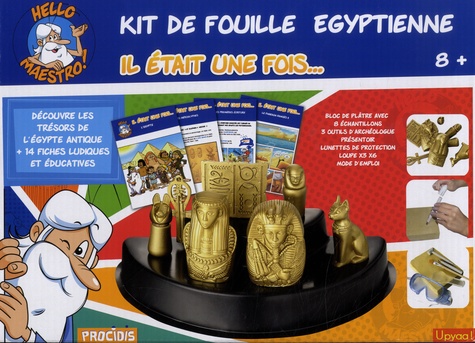 Kit de fouille égyptienne Il était une fois.... Avec bloc de plâtre avec 8 échantillons, brosse à poussière, outils à creuser, présentoir, lunettes de protection, loupe x3, x6