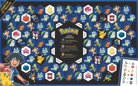 Pokémon le grand jeu du cherche et trouve. Plus de 200 défis à relever ! Contient : un plateau de jeu, 200 cartes défis, un dé, un sablier, 20 cartes, des pions
