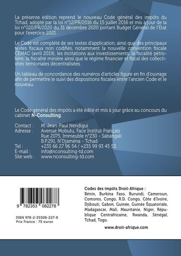 Tchad. Code général des impôts  Edition 2021
