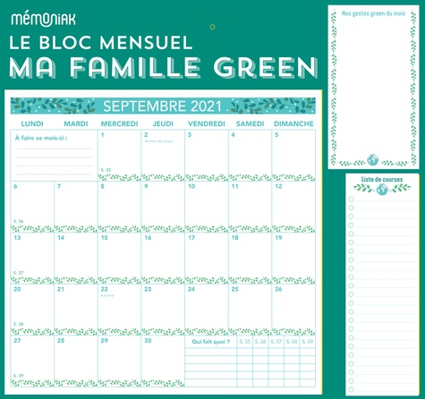 Le bloc mensuel organisateur Ma famille Green  Edition 2021-2022