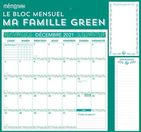 Le bloc mensuel organisateur Ma famille Green  Edition 2021-2022